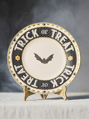Anthropologie Bistro Black and Yellow 'Trick or Treat' Dessert Plate